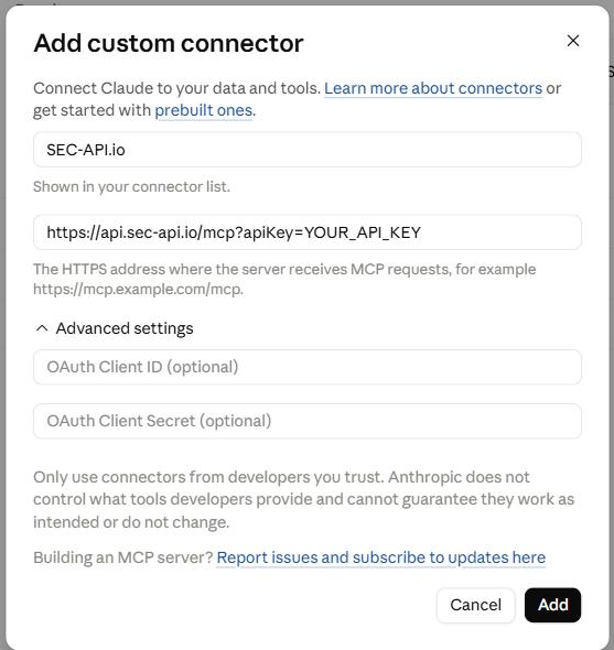 Add custom connector dialog with the name SEC-API.io and the MCP endpoint URL filled in