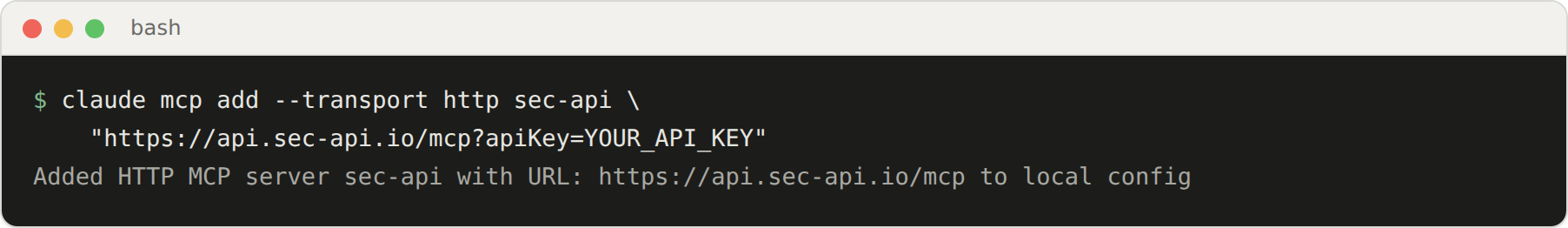 Terminal running claude mcp add for the sec-api HTTP MCP server