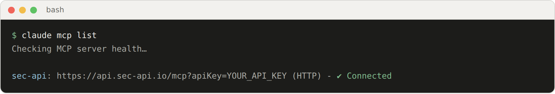 Terminal running claude mcp list, showing sec-api connected over HTTP