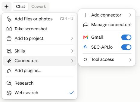Claude composer plus menu with the SEC-API.io connector toggled on