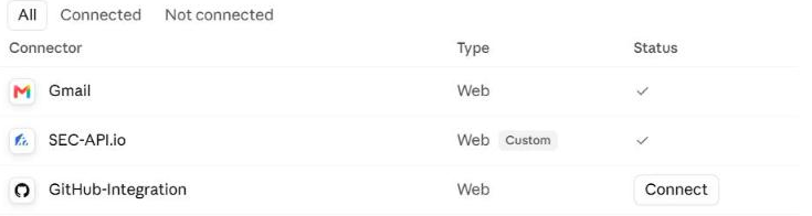 Claude connector list showing SEC-API.io with type Web Custom and a connected status
