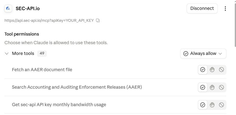 SEC-API.io connector tool permissions in Claude, with per-tool allow, approve and block controls
