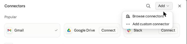 Claude Connectors settings, Add menu open with Browse connectors and Add custom connector