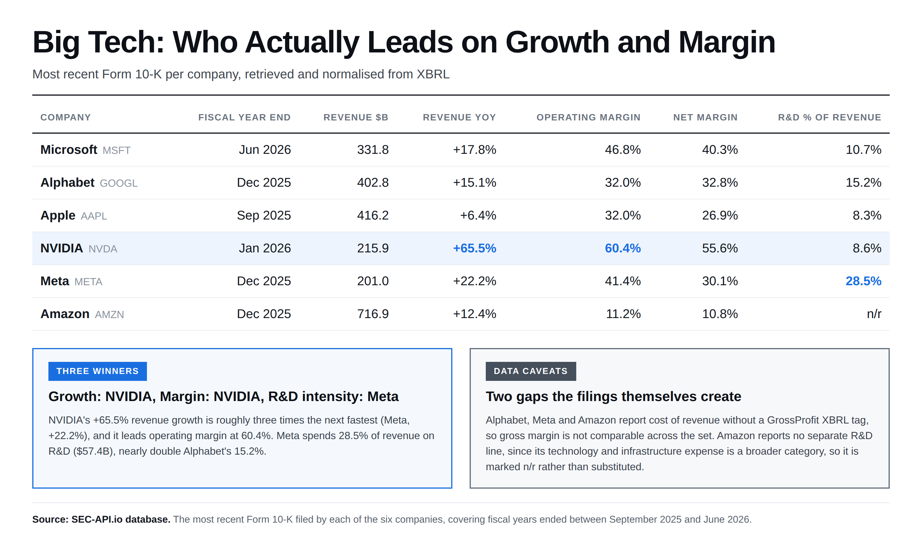 Big Tech comparison table: revenue, growth, operating margin, net margin and R&D intensity for Microsoft, Alphabet, Apple, NVIDIA, Meta and Amazon from their latest 10-K filings