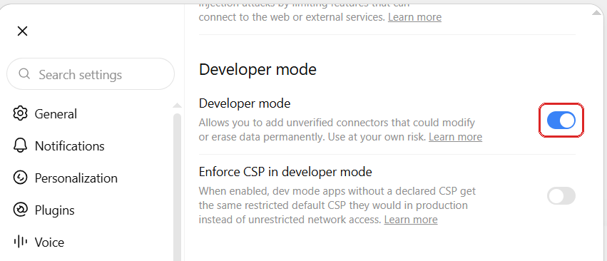 The Developer mode toggle in ChatGPT settings under Security and login
