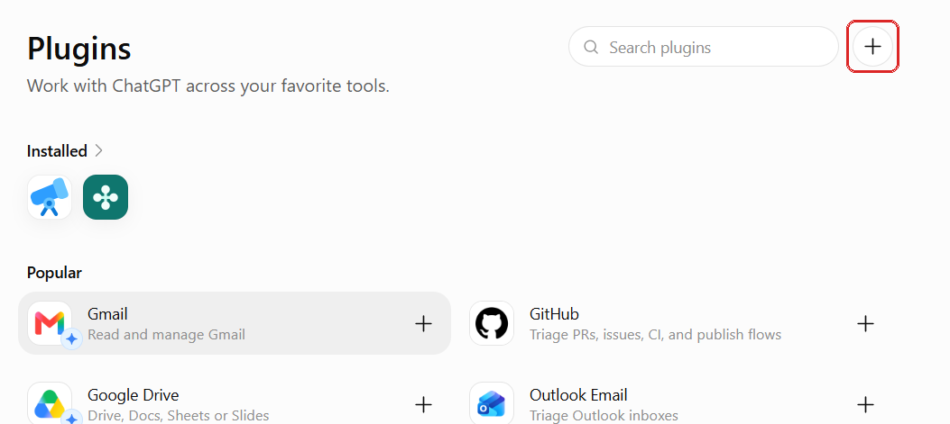 The Plugins page in ChatGPT, with the plus button that creates a custom connection marked