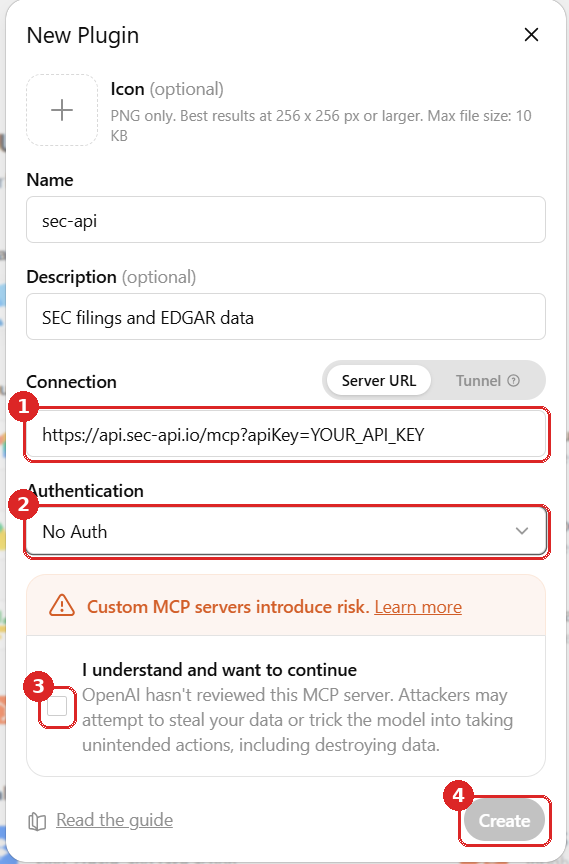The New Plugin dialog with the URL field, the Authentication setting, the acknowledgement checkbox and the Create button marked 1 to 4