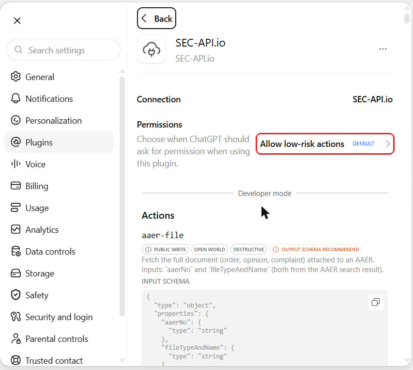 The saved SEC-API.io connection, with the permission setting marked and the discovered tool list below it