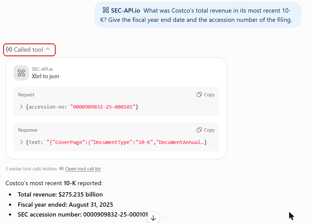 A ChatGPT conversation with the SEC-API.io connector enabled, with the Called tool block marked